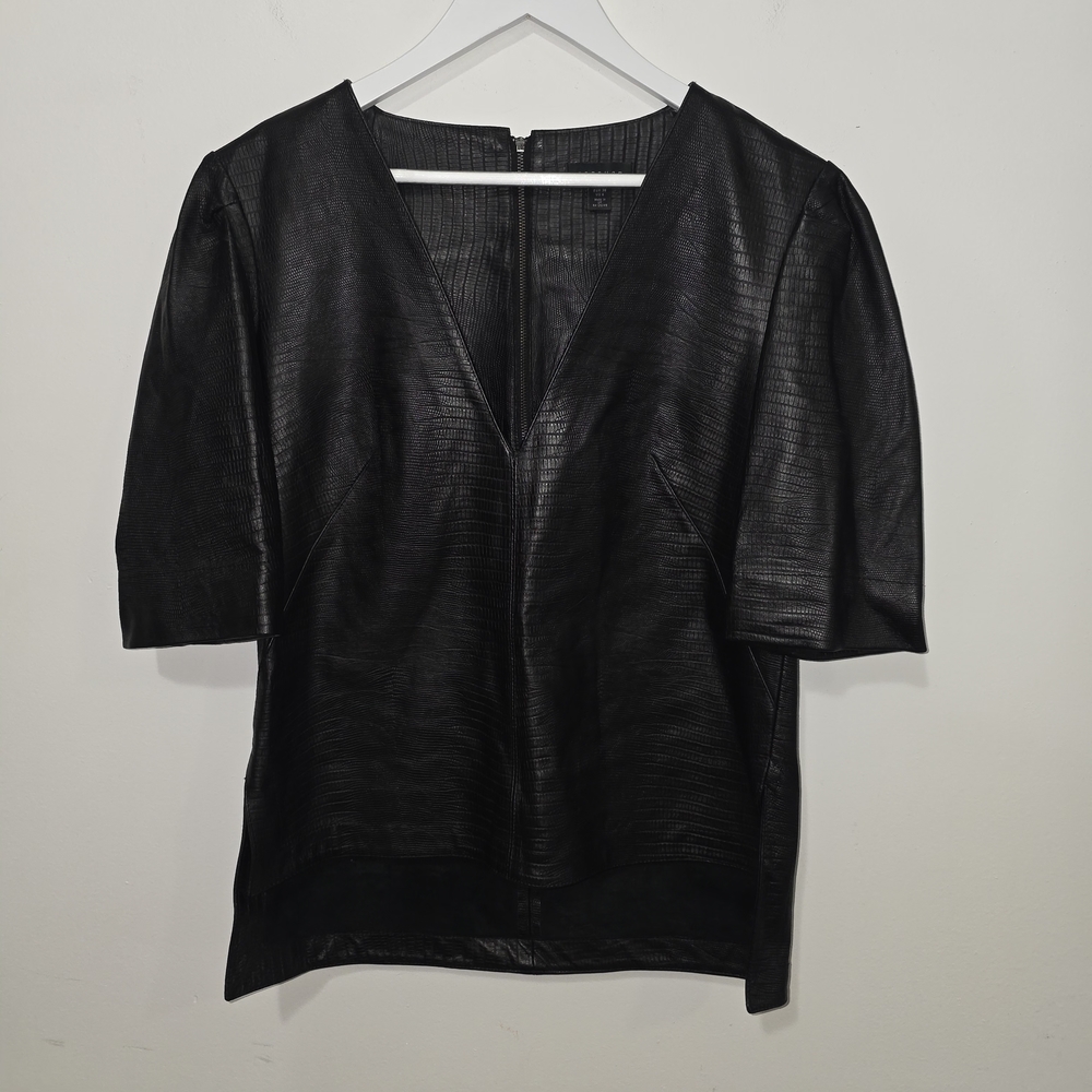 Topshop Black Genuine Leather Croc V-Neck Short Sleeve Top sz.6